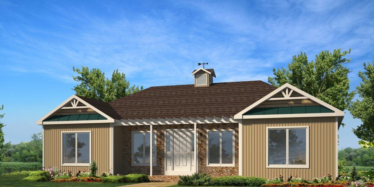 An artist 's impression of a house with a brown roof