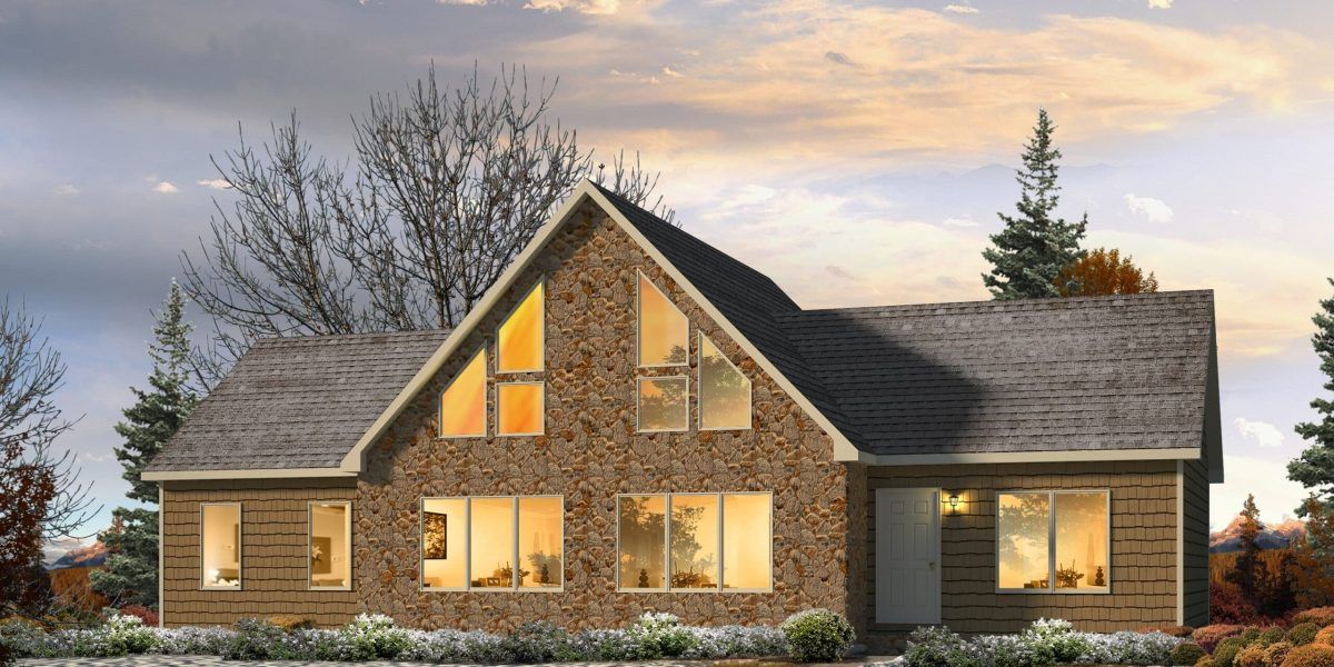 A brick house with a gray roof and a lot of windows
