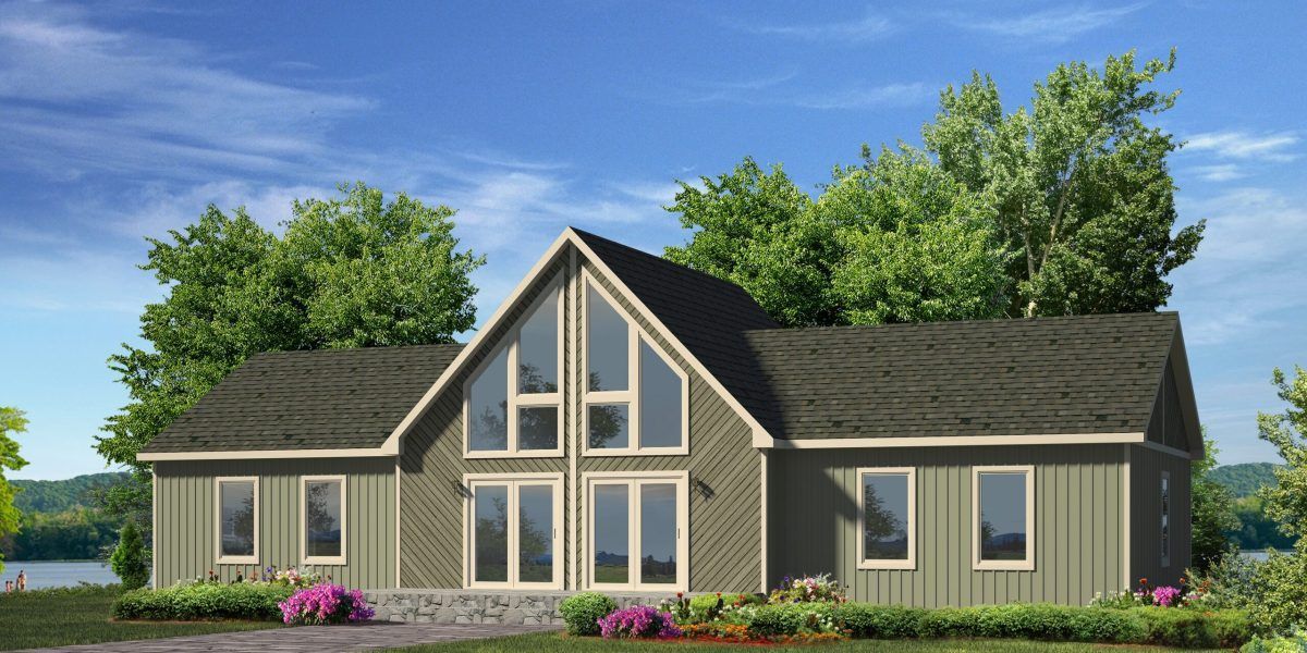 Modern gray house with large windows, dark roof, and landscaped yard by a lake