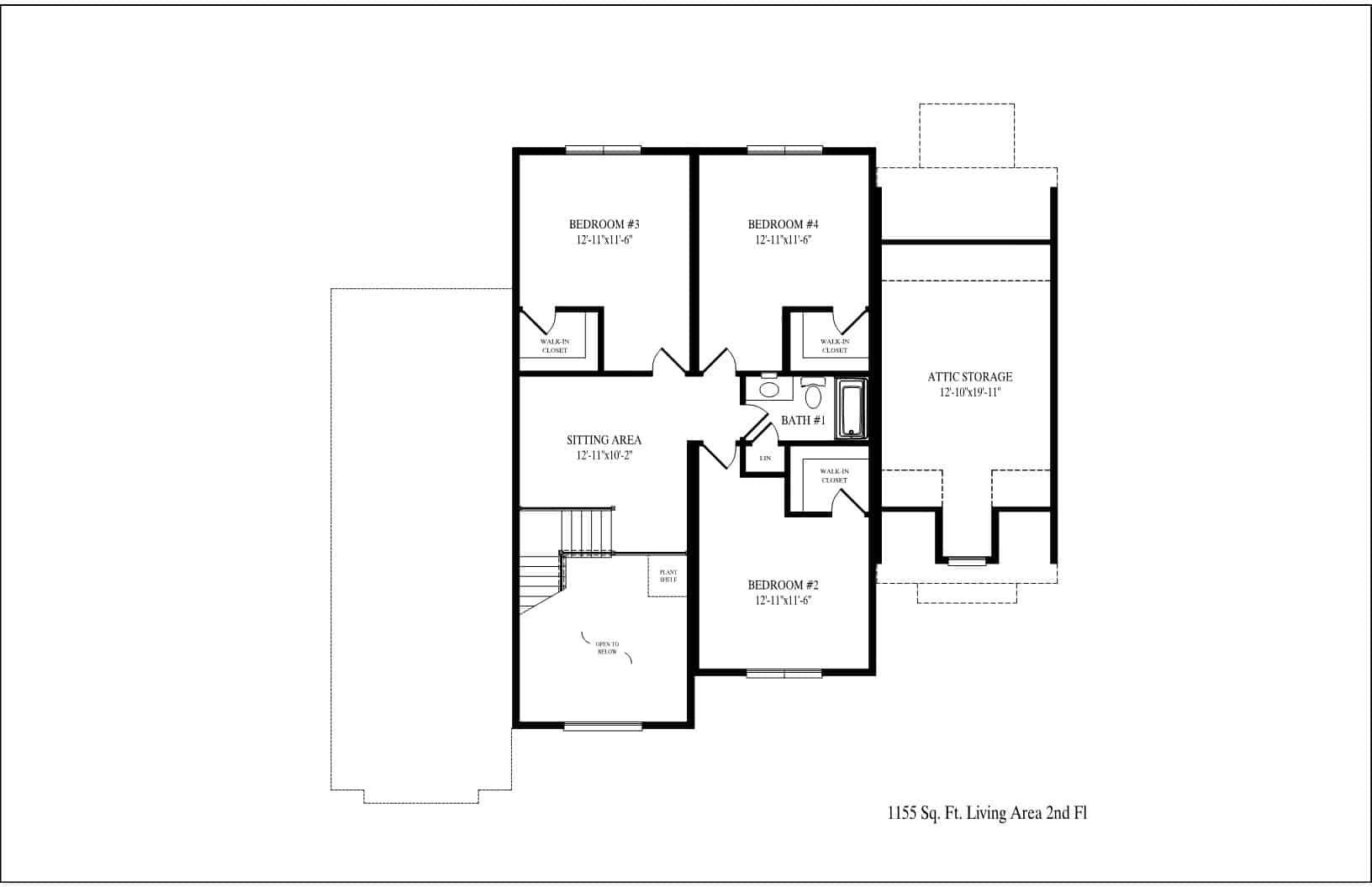 Black-and-white house floor plan with labeled rooms and measurements.