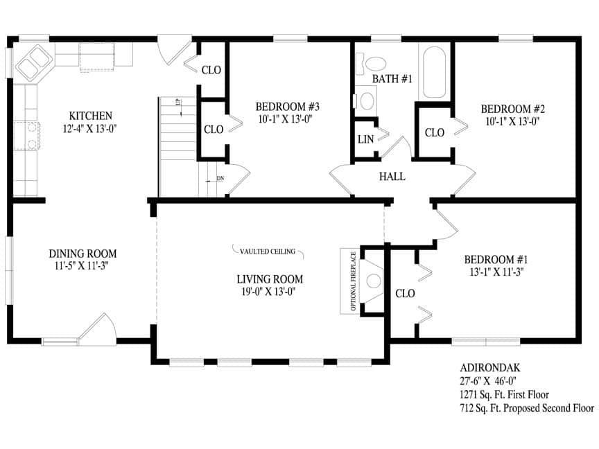 Black-and-white apartment floor plan with kitchen, living room, 4 bedrooms, hall, closets, and an adorndex.