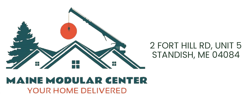 Maine Modular Center logo with red crane and house icon, plus Standish, ME address text