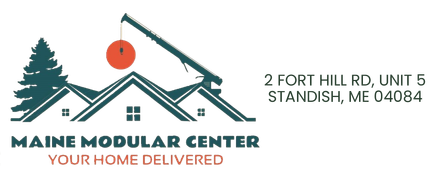 Maine Modular Center logo with red crane and house icon, plus Standish, ME address text