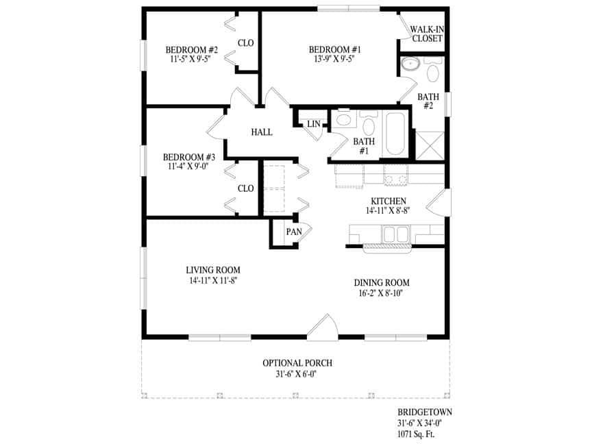 Black-and-white house floor plan showing bedrooms, hall, kitchen, dining room, living room, and porch.