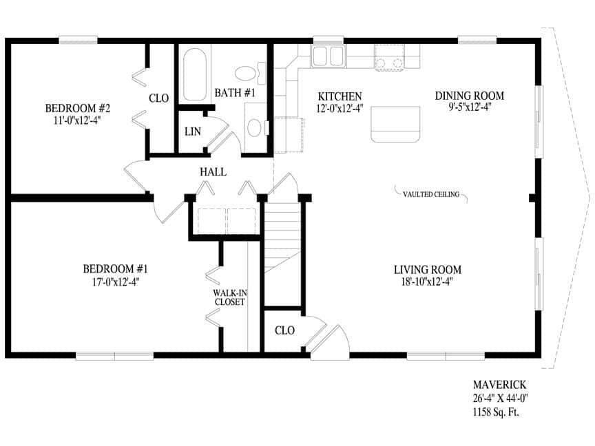 Black-and-white floor plan of an apartment with labeled rooms, closets, hall, kitchen, dining room, and living room