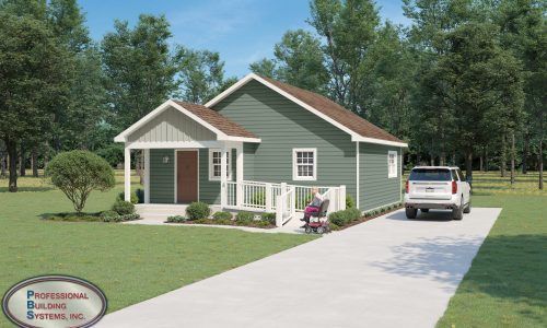Small green house with white trim, front porch, driveway, and parked SUV in a landscaped yard.