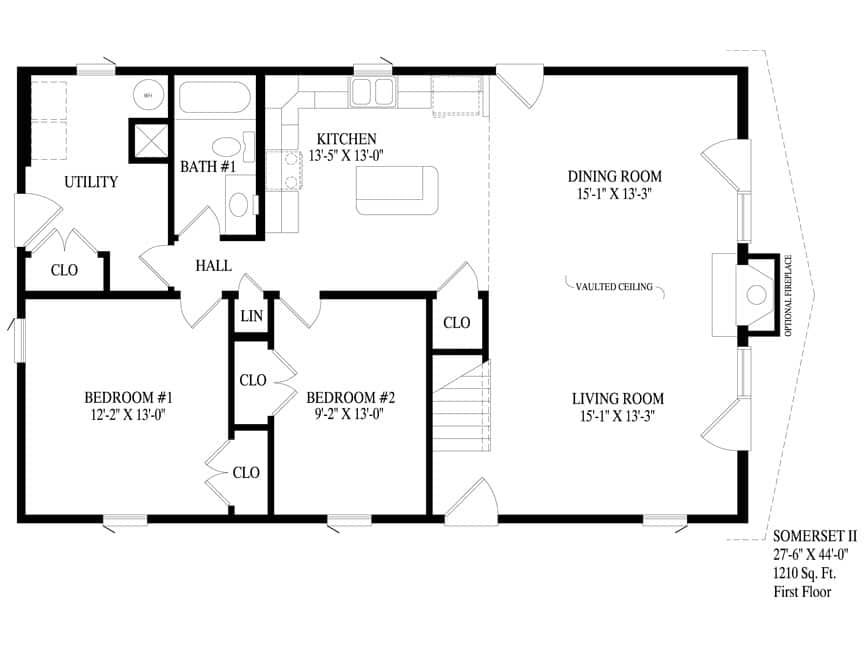Black-and-white floor plan of a 2-bedroom apartment with kitchen, dining room, living room, bath, utility, closets, and hall