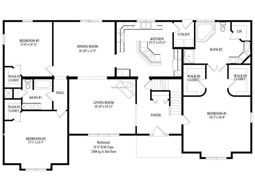 Black-and-white architectural floor plan of a house with labeled rooms and hallways