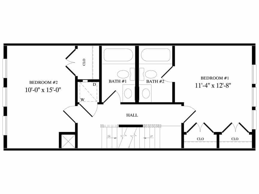 Black-and-white house floor plan with two bedrooms, two baths, hall, closets, and staircase.