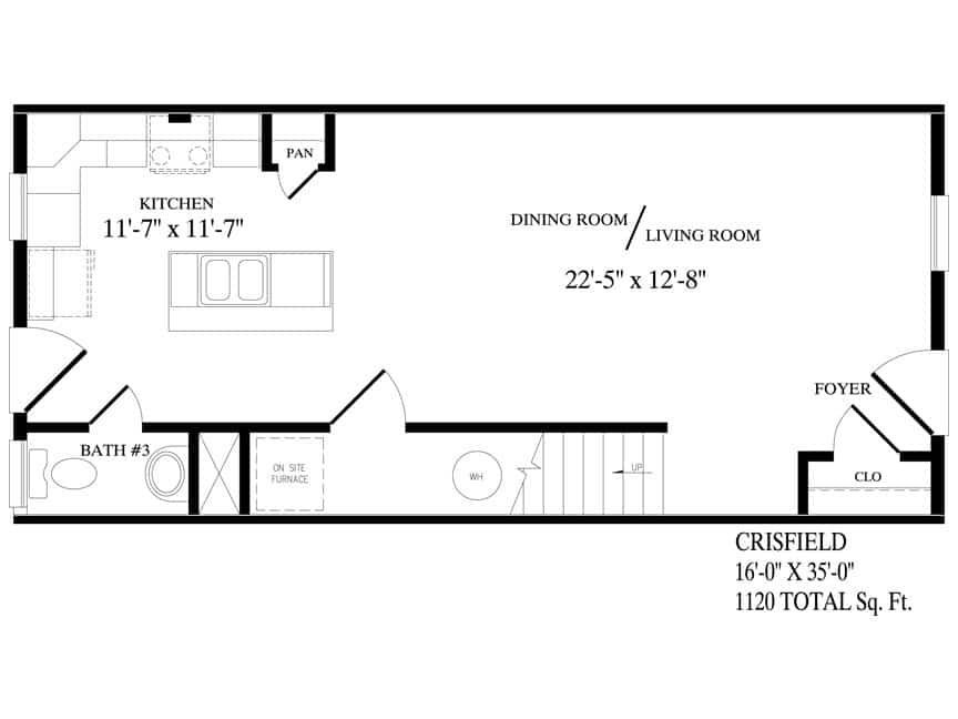 Floor plan of a kitchen, dining room, living room, baths, foyer, and fireplace in black-and-white.