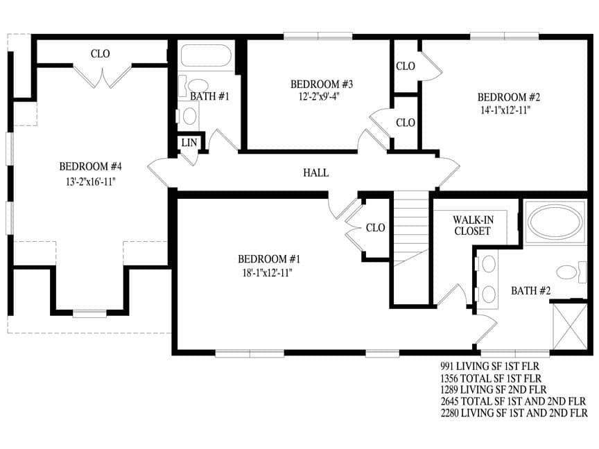 Black-and-white floor plan of a house with multiple bedrooms, hall, bath, and closets
