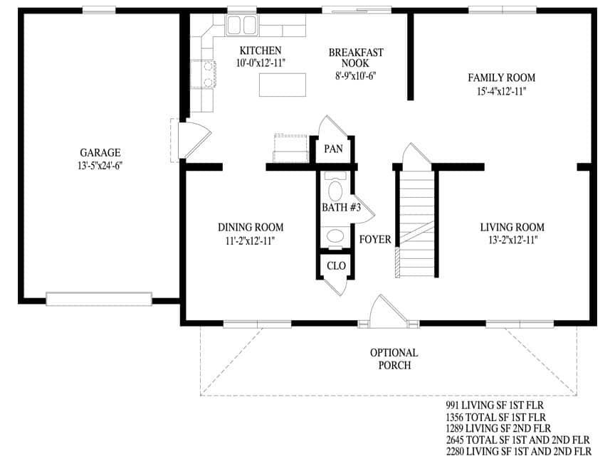 Black-and-white floor plan showing kitchen, dining, living, bedrooms, bath, closet, and optional porch.