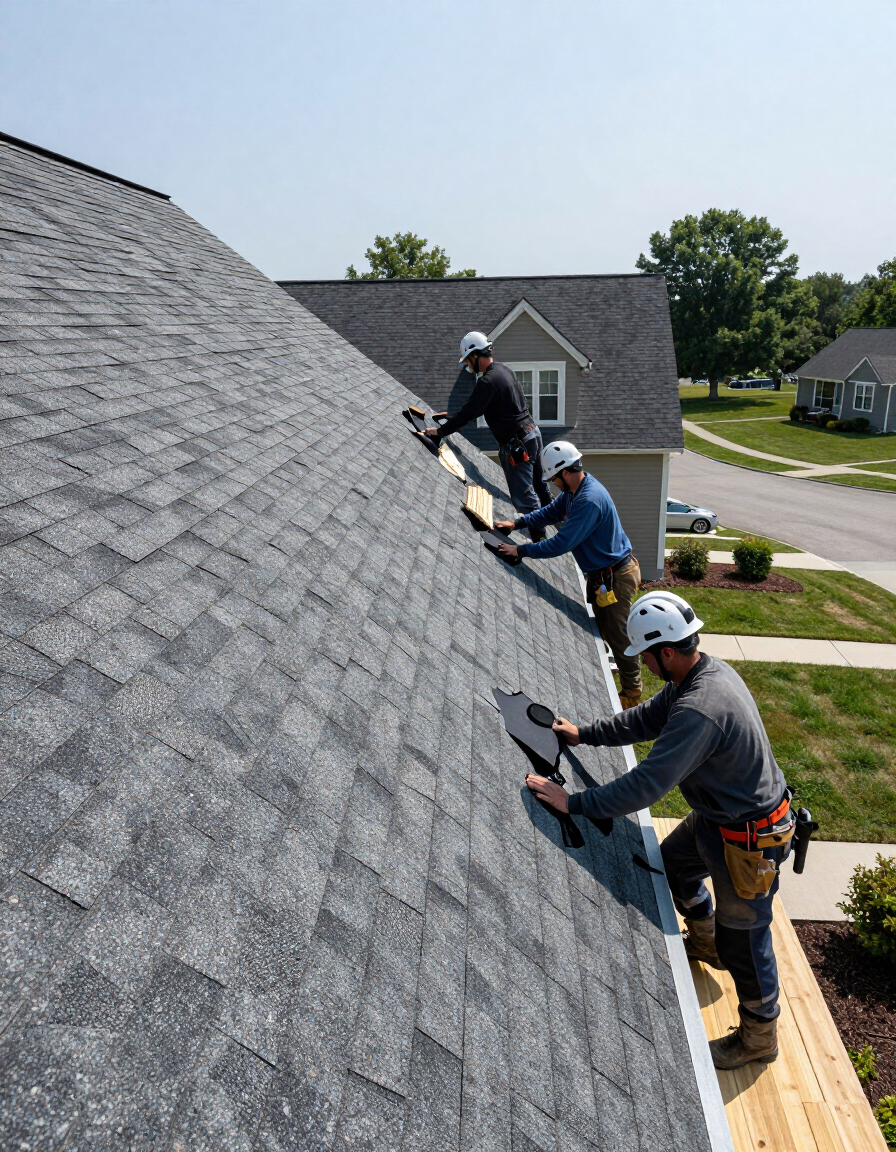 Roofing crew installing architectural shingles on a Michigan home
