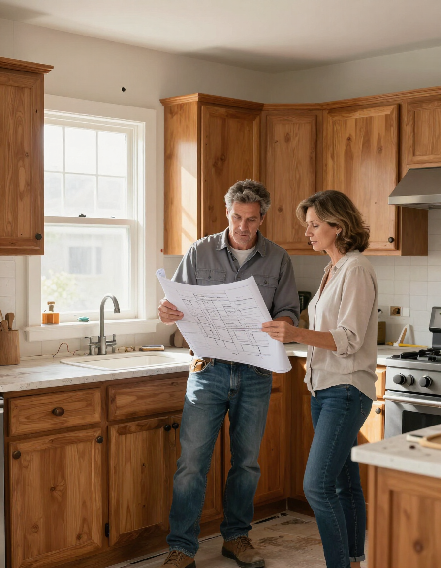 Contractor and homeowner reviewing renovation plans in a Michigan kitchen