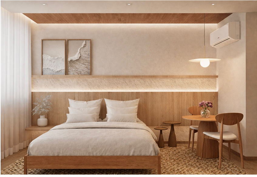 Quarto minimalista bege com cama, detalhes em madeira, escrivaninha, cadeira e ar-condicionado de parede em um quarto de hotel moderno.