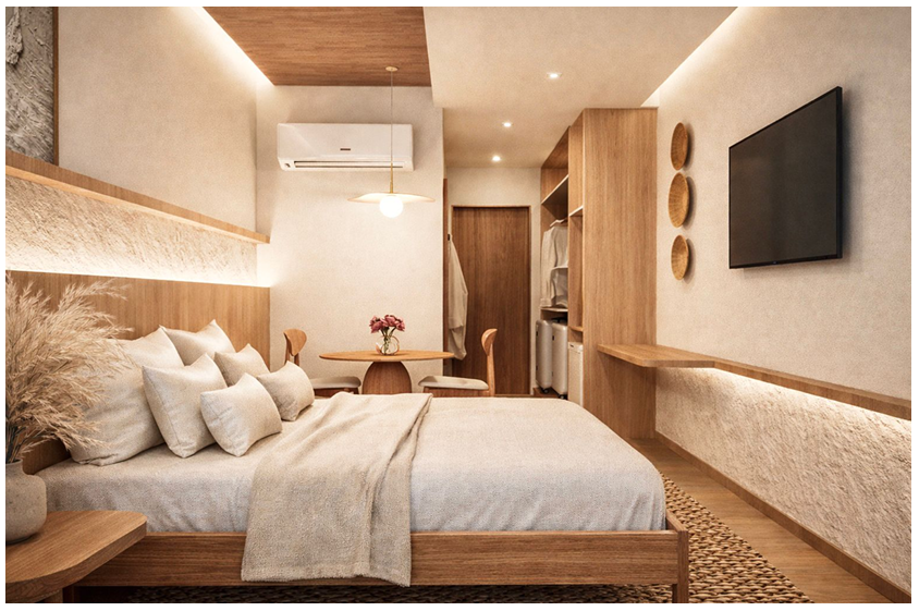 Quarto minimalista e aconchegante com cama arrumada, detalhes em madeira em tons quentes, TV de parede e iluminação ambiente suave.