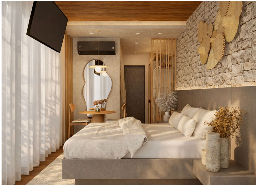 Quarto moderno e aconchegante com cama, teto de madeira, parede com detalhes em pedra e luz natural suave.