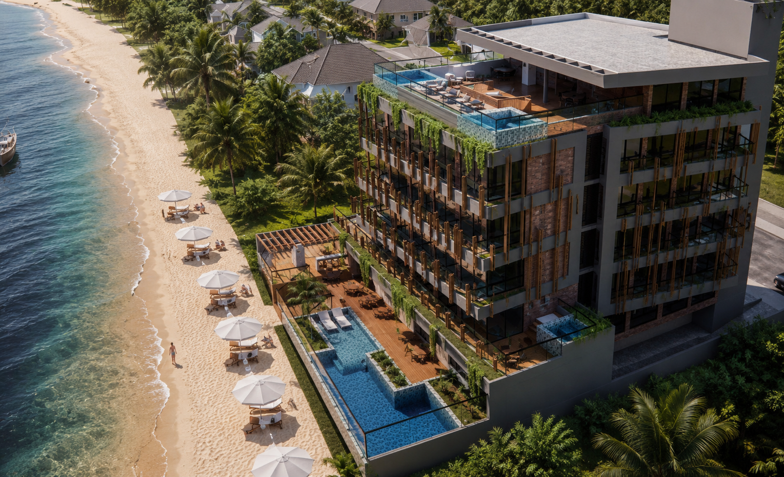 Vista aérea de um resort à beira-mar com piscina, palmeiras e espreguiçadeiras junto à água turquesa.