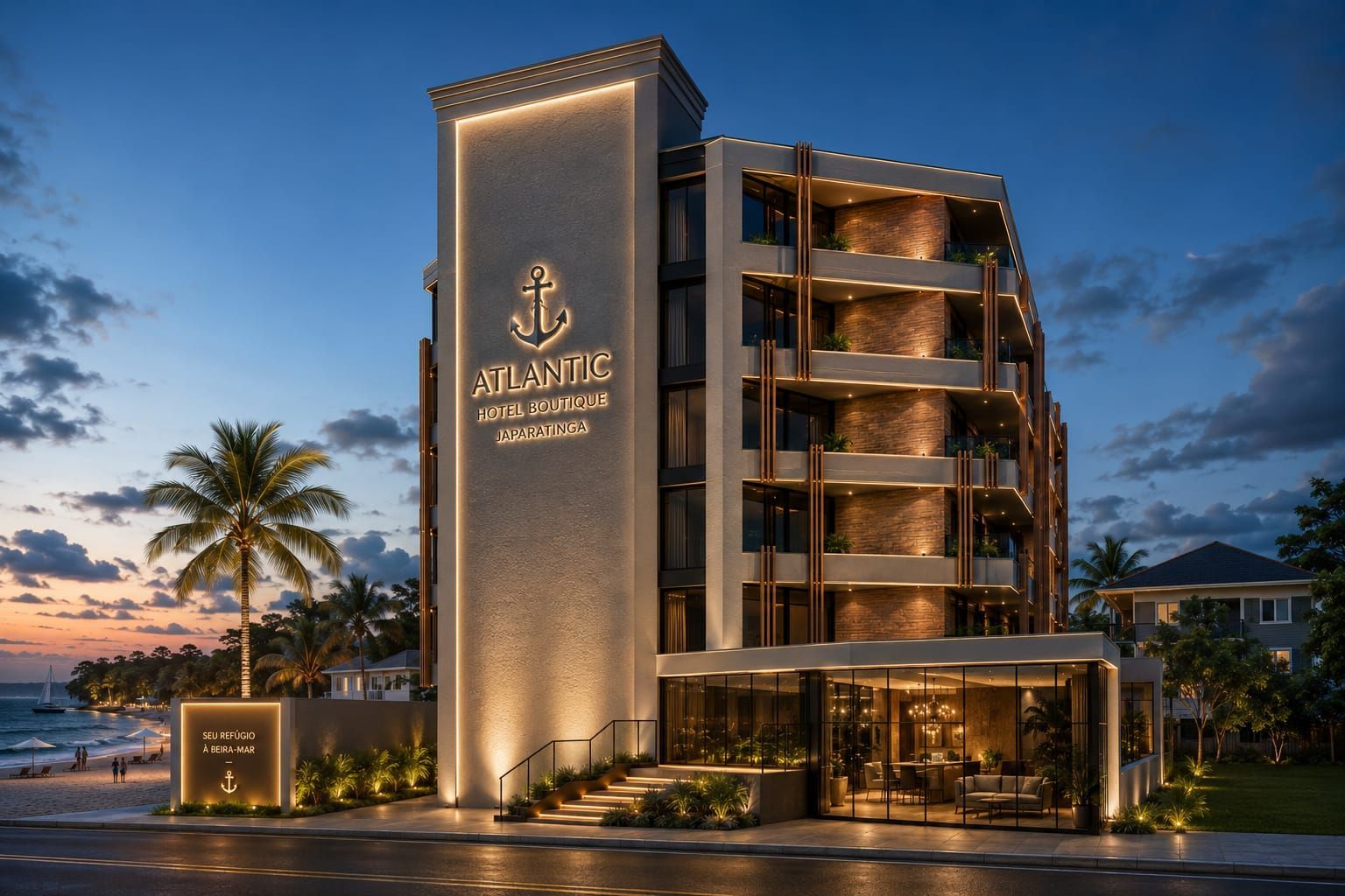 Fachada iluminada de um hotel de luxo ao entardecer, com palmeiras e varandas com luz aconchegante.