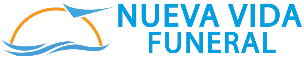 Nueva Vida Funeral logo with blue text, orange sun arc, and blue wave lines