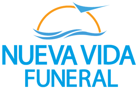 Nueva Vida Funeral logo with blue text, orange sun arc, and blue wave lines