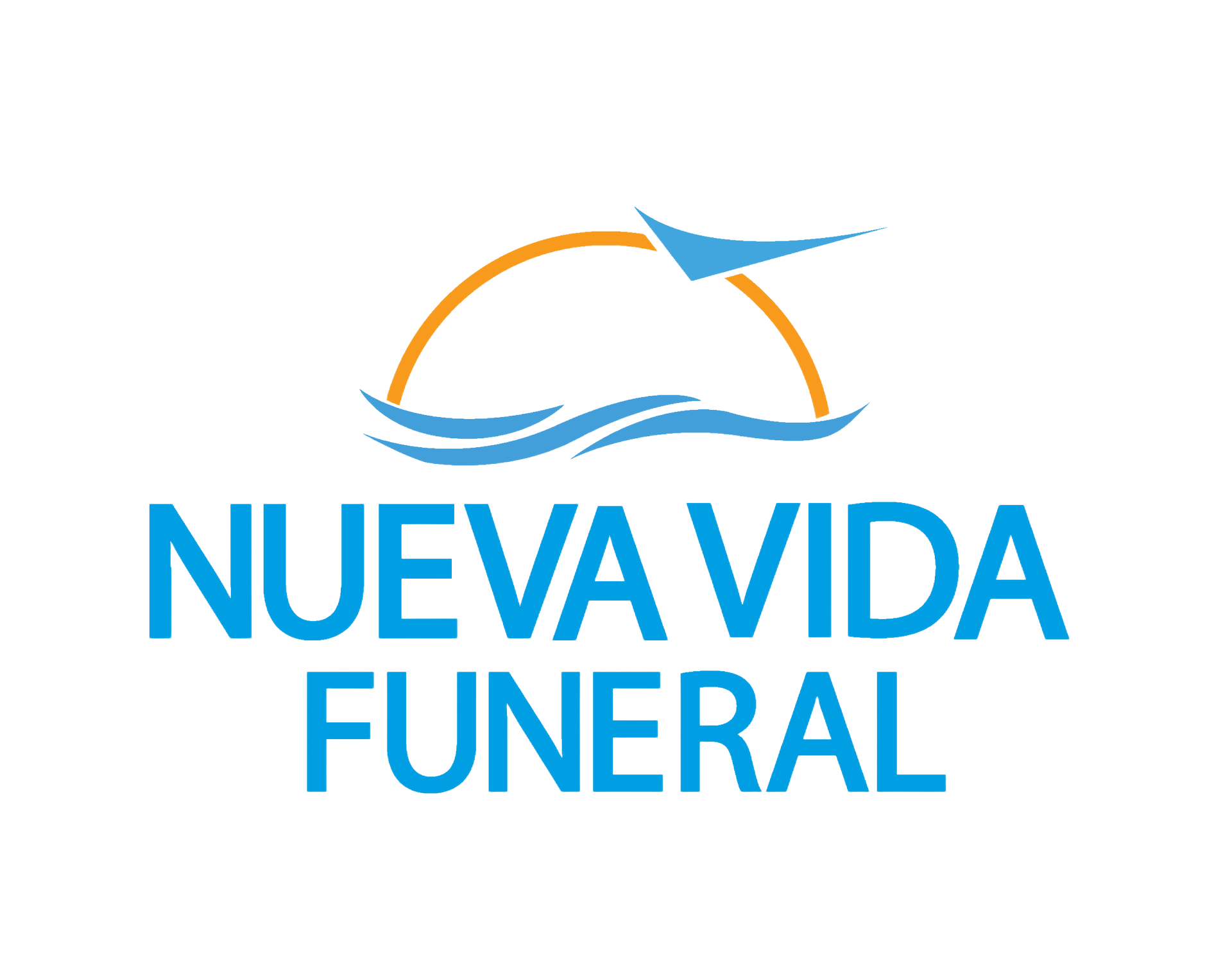 Logotipo de la funeraria Nueva Vida con texto azul y arco naranja con forma de paloma azul.