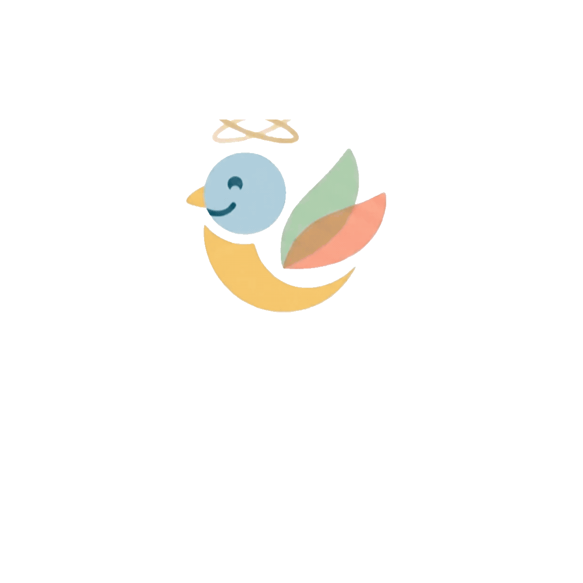 Colorful bird logo with blue head, yellow body, and green-pink wings on a white background