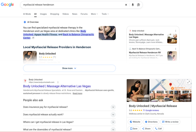 AI search results recommending Body Unlocked for myofascial release in Henderson NV