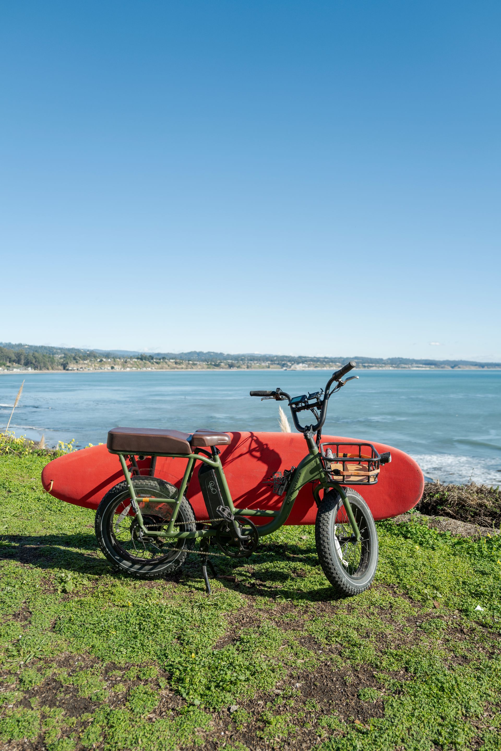 Red bicycle by a red kayak on grass beside a calm blue waterfront under a clear sky