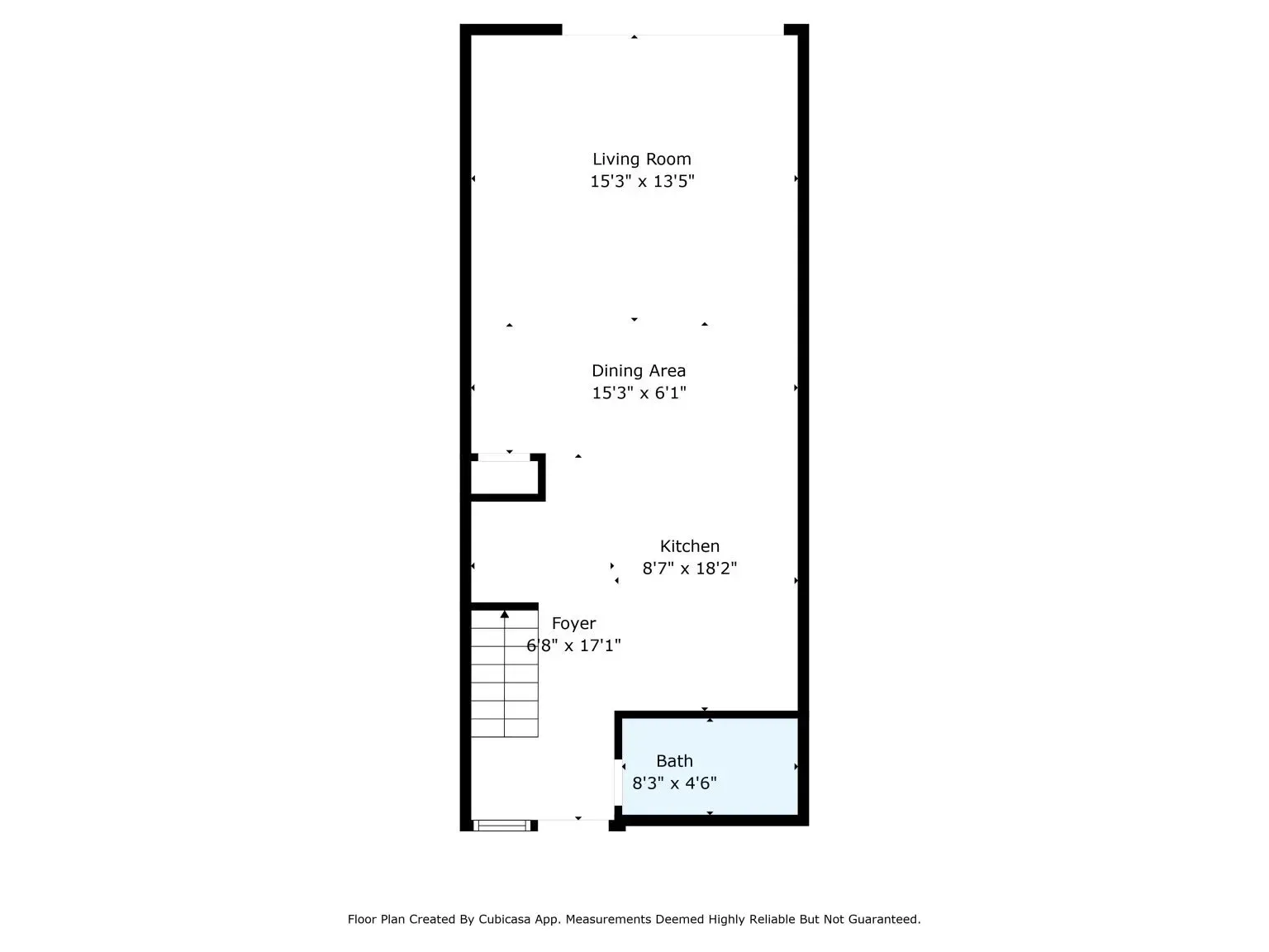 Simple black-and-white floor plan with labeled rooms and a blue-highlighted bathroom area.