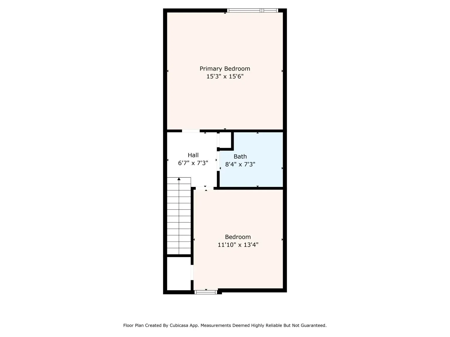 Simple black-and-white floor plan of a narrow two-story layout with labeled rooms and stairs