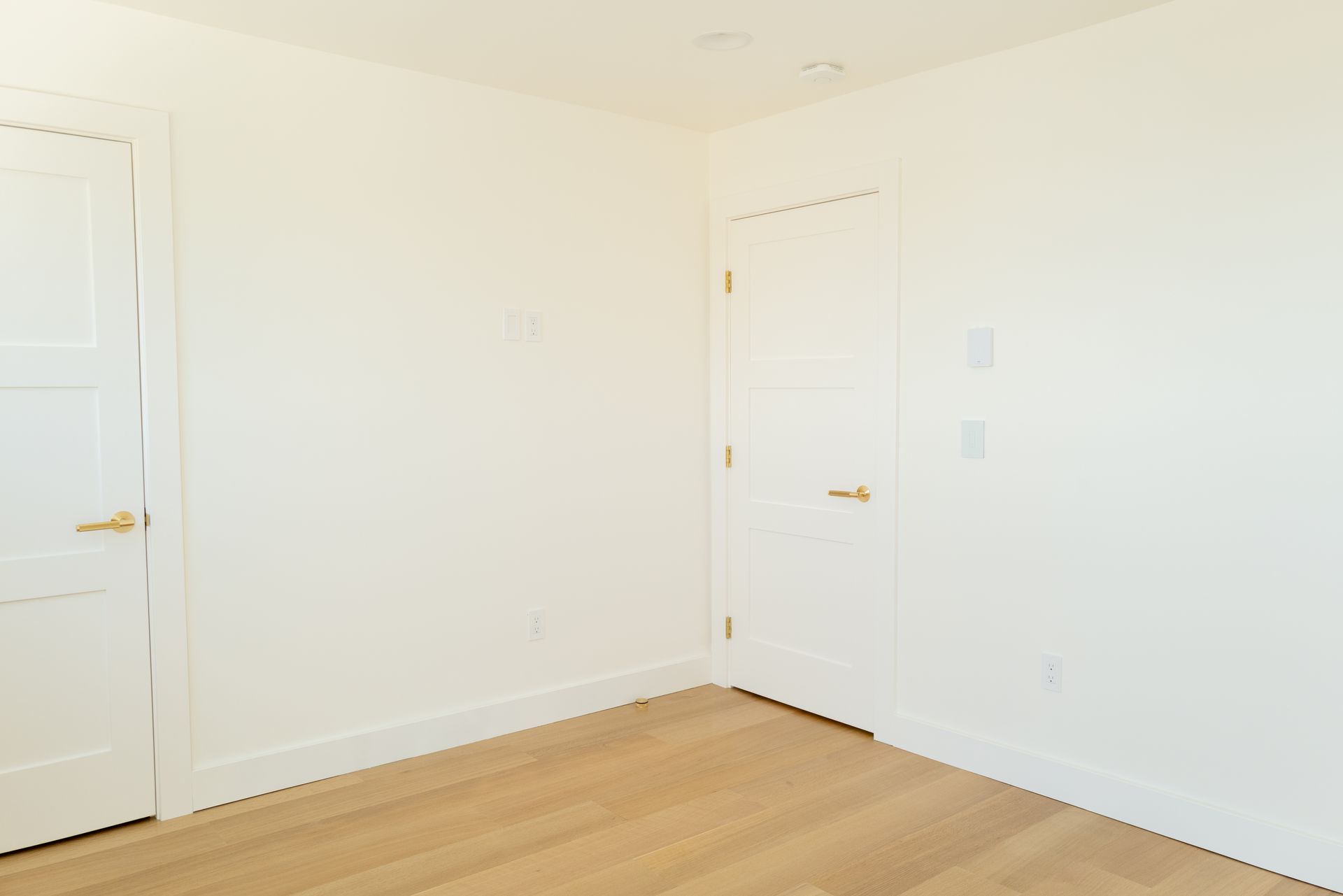Empty white room with two closed doors and light wood flooring