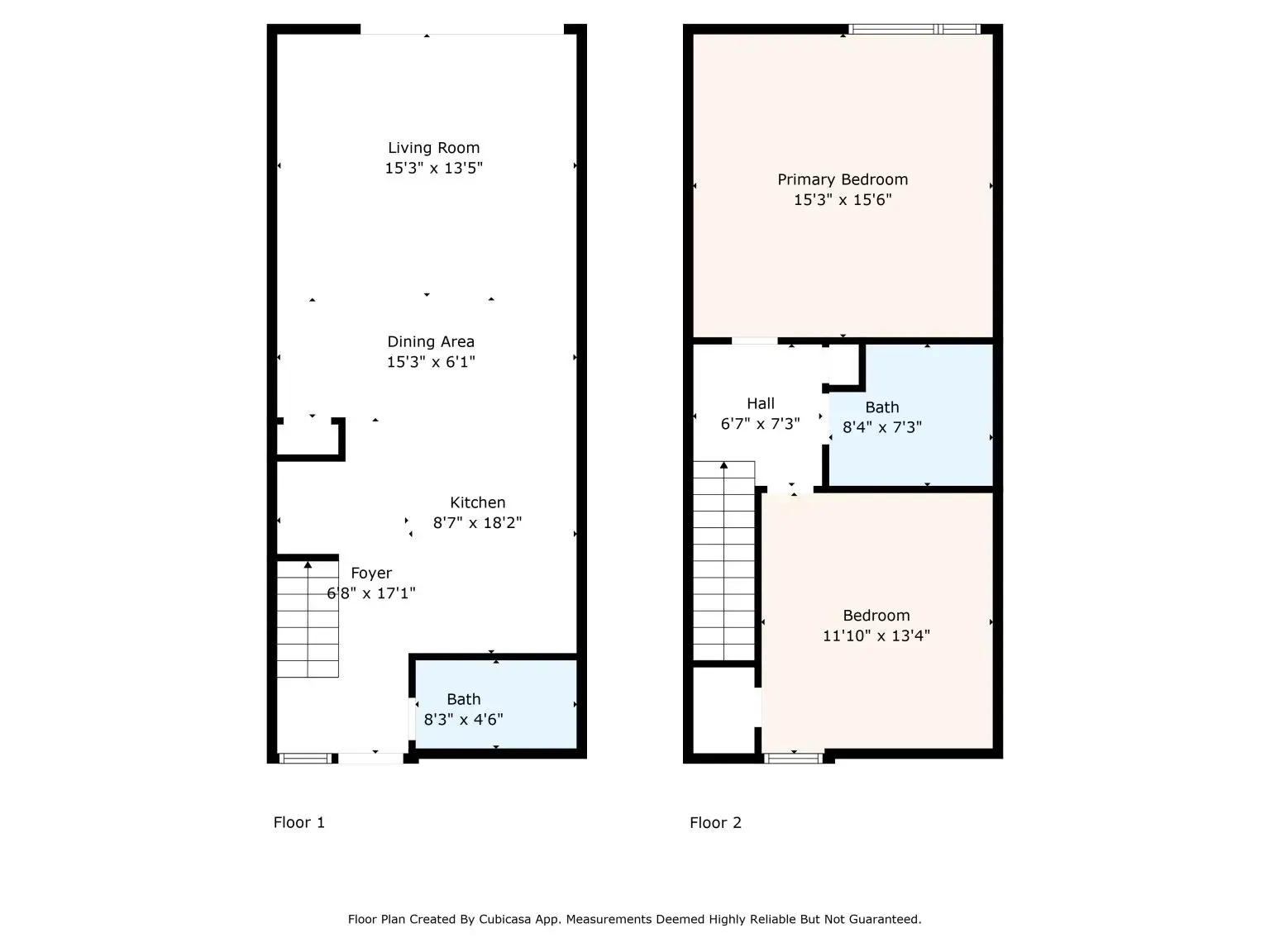 Two black-and-white floor plan diagrams of a narrow home, with rooms labeled and some areas shaded light blue.