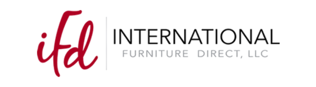 Logo for International Furniture Direct, LLC: Red script 