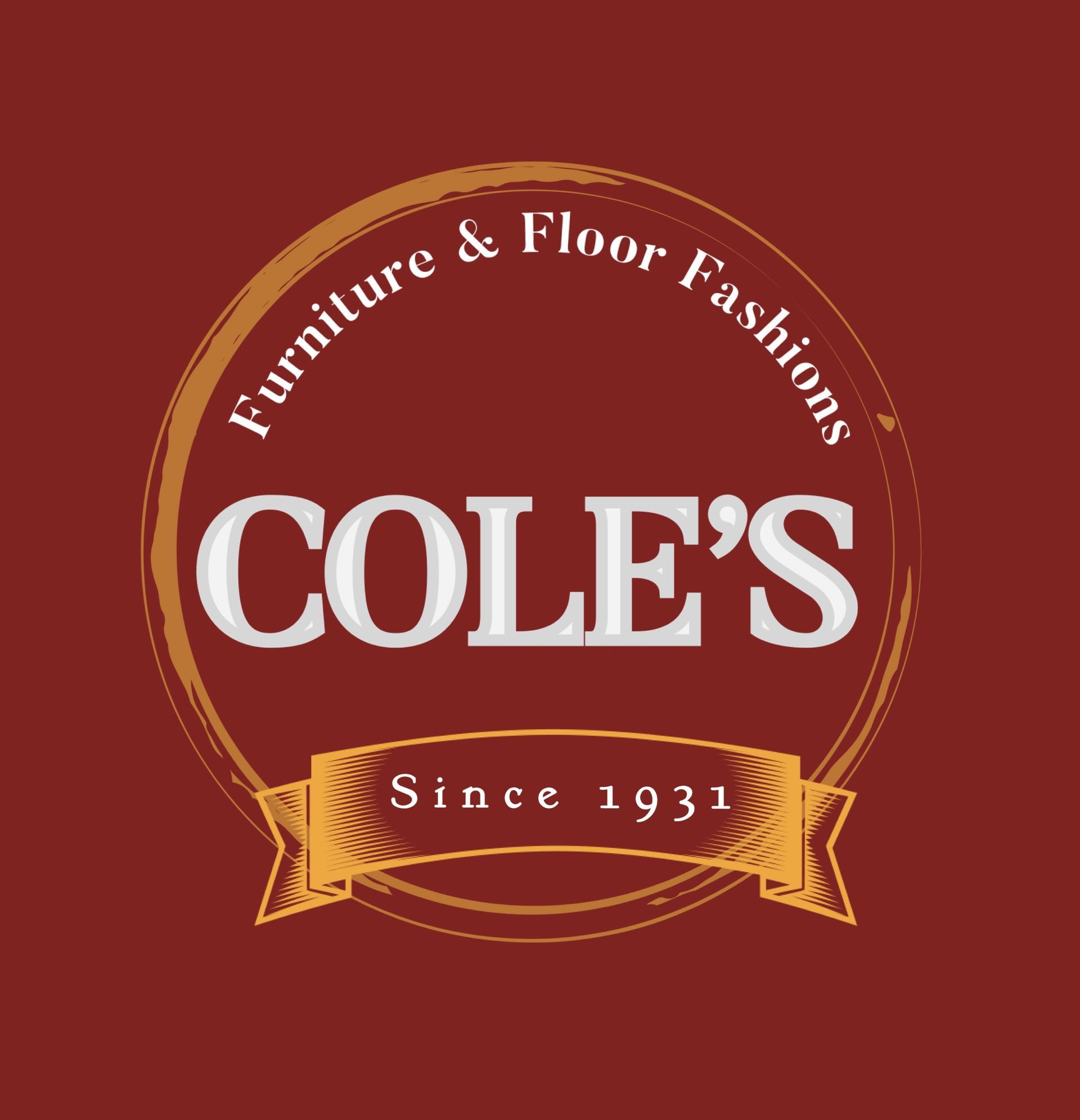 Cole's Furniture & Floor Fashions logo, with white text on a burgundy background; includes the text 