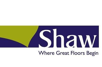 Shaw flooring logo: navy rectangle with gold-green shape, white 