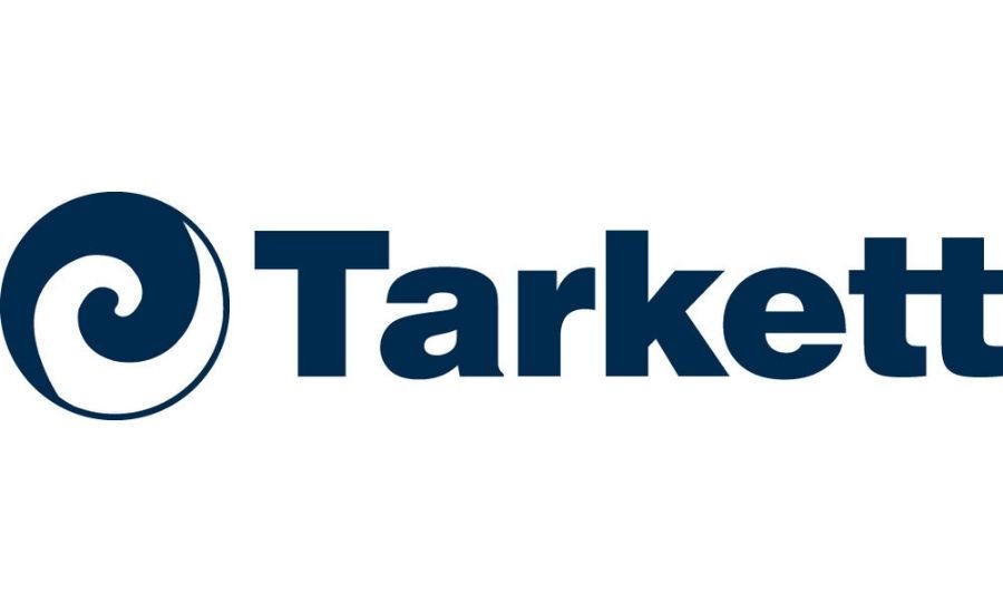 Tarkett logo: Blue text and swirl graphic.