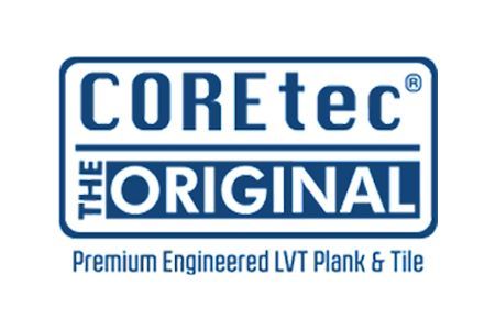 Logo for COREtec, the original premium engineered LVT plank and tile, in blue and white.