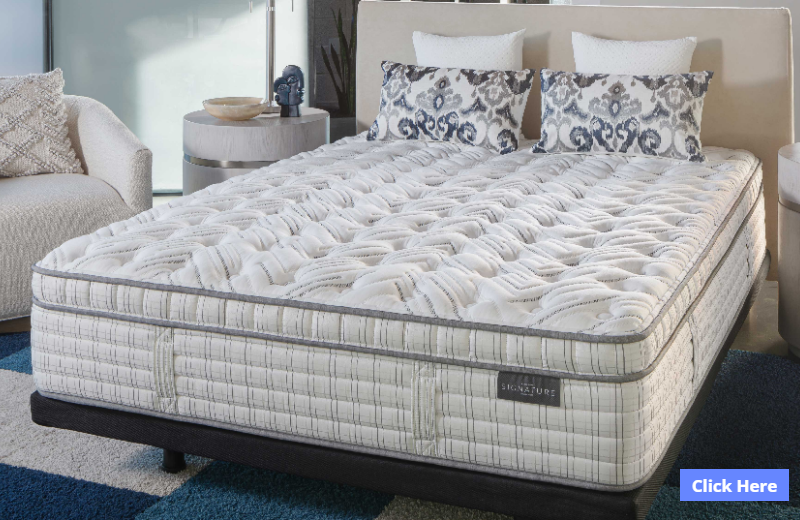 Queen-size bed with a patterned mattress, decorative pillows, and a nightstand in a bedroom setting.