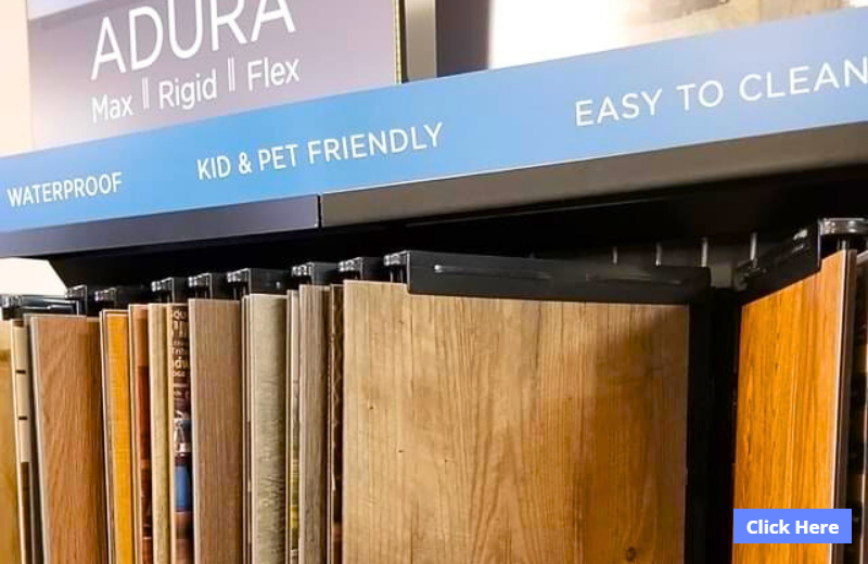 Display of ADURA flooring samples, labeled