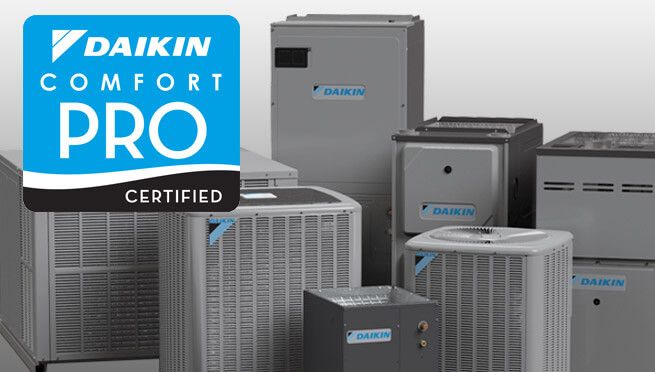 Daikin Comfort Pro certified badge over a lineup of gray Daikin HVAC units