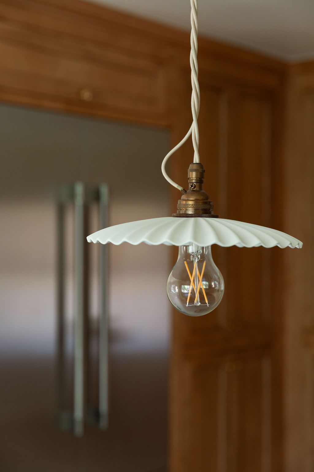 Pendant light with an Edison bulb hanging in a remodeled room with warm wood paneling.