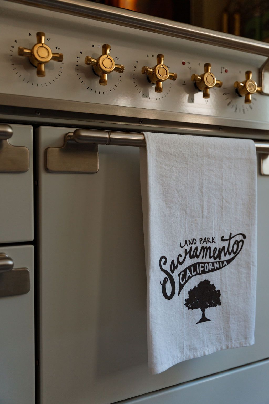 Close-up of a stainless steel refrigerator with a Sacramento-themed decorative towel in a remodeled kitchen. 