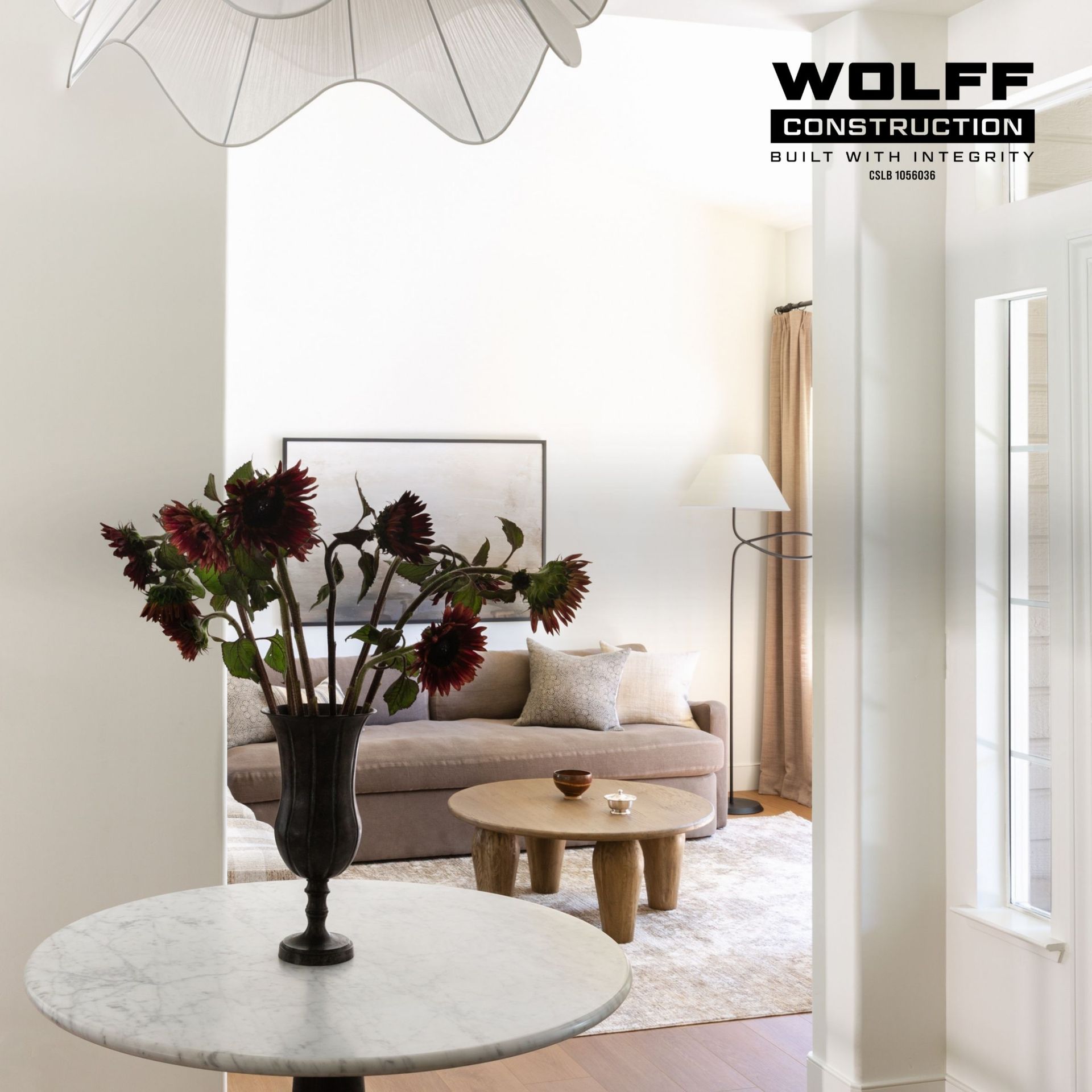 Modern living room interior built by luxury home contractors at Wolff Construction.