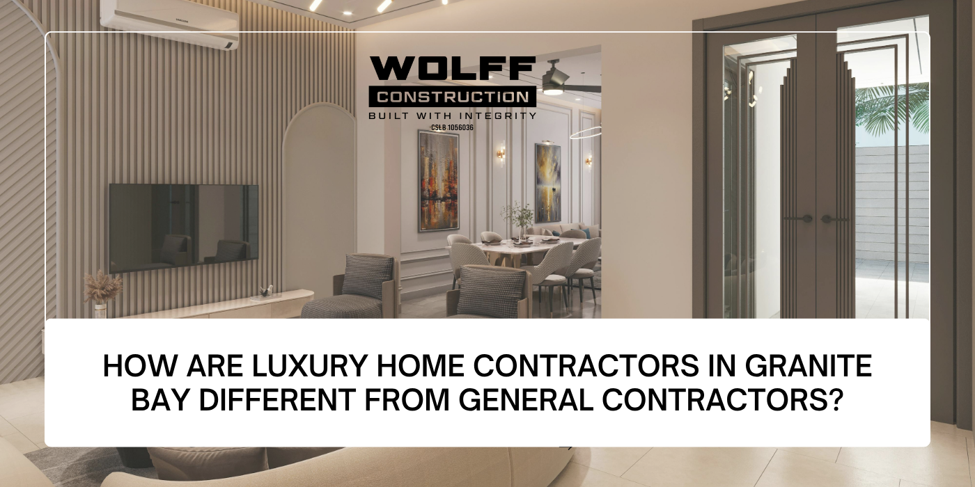 Luxury open-concept living space overlaid with blog headline and Wolff Construction branding.