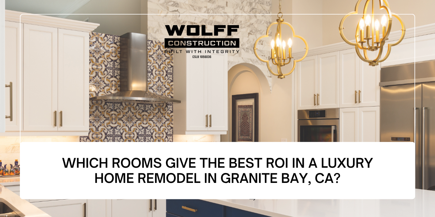 Luxury kitchen with white cabinets and gold pendant lights; blog title and Wolff Construction logo.