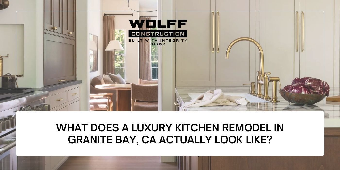 Completed luxury kitchen remodel in Granite Bay, CA by Wolff Construction featuring custom cabinetry
