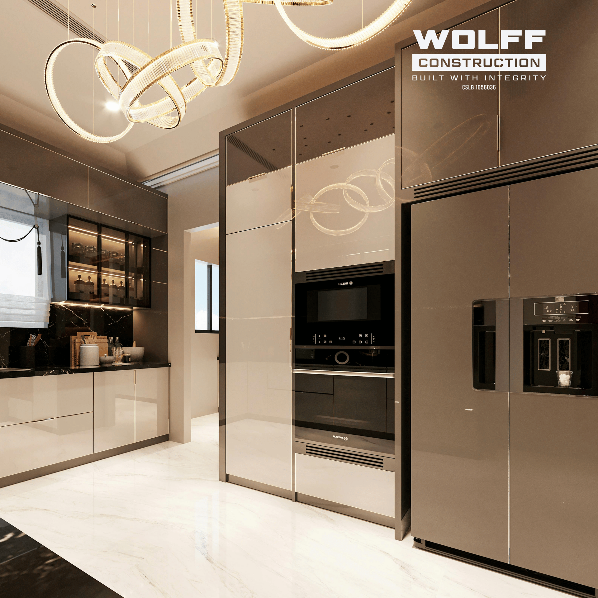 Luxury modern kitchen with glossy cabinets, built-in ovens, and a gold ring chandelier; Wolff Construction logo.