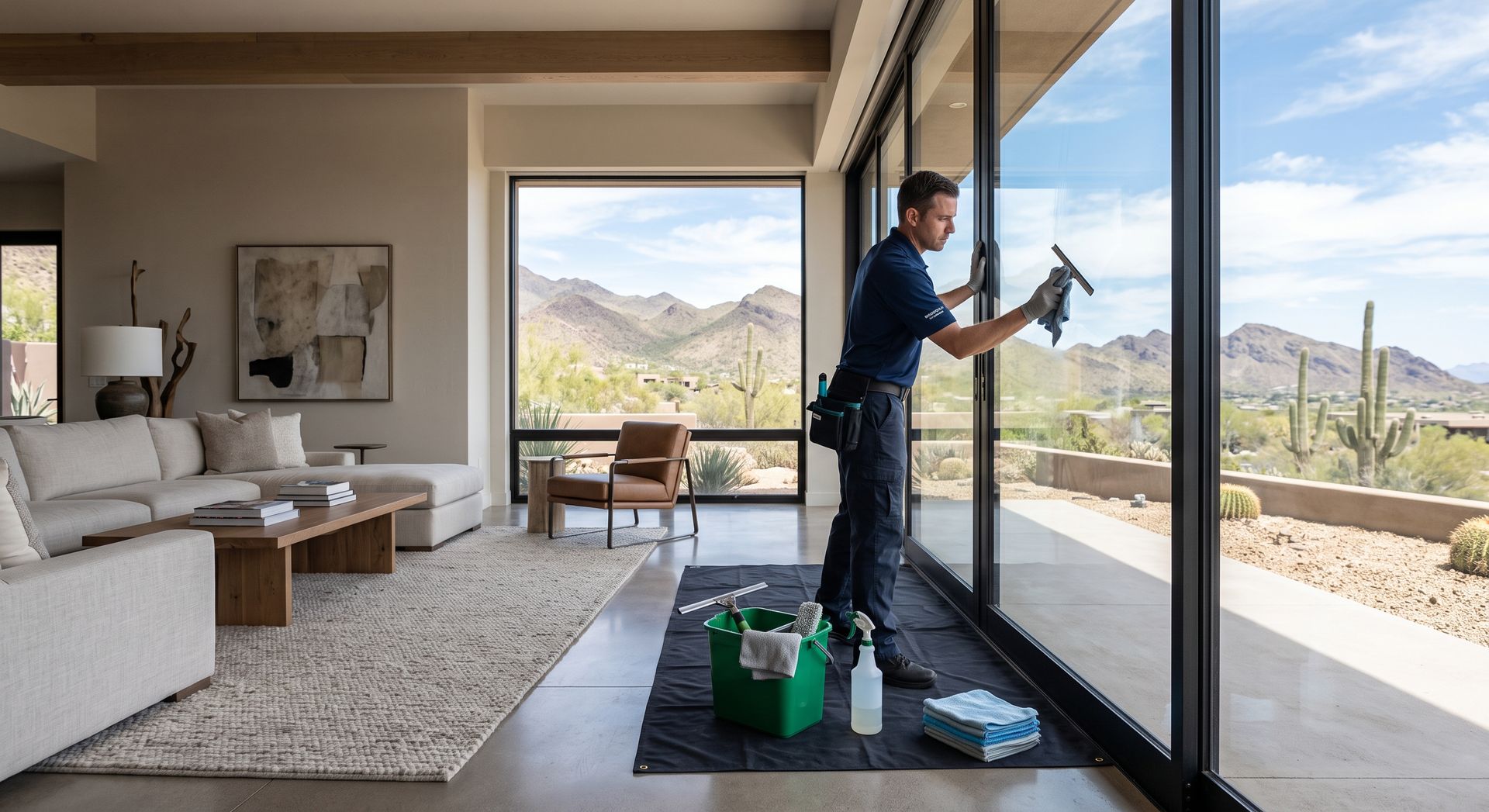 Person cleaning large windows in a modern living room with mountain views