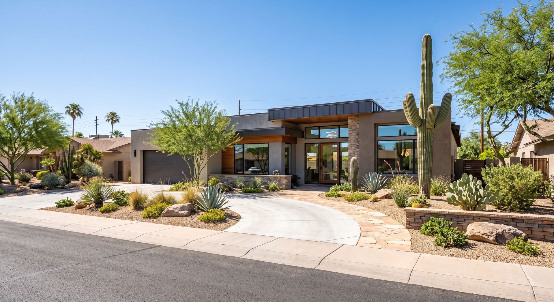 Modern desert-style house with a curved driveway, cacti, and landscaped front yard under a bright blue sky